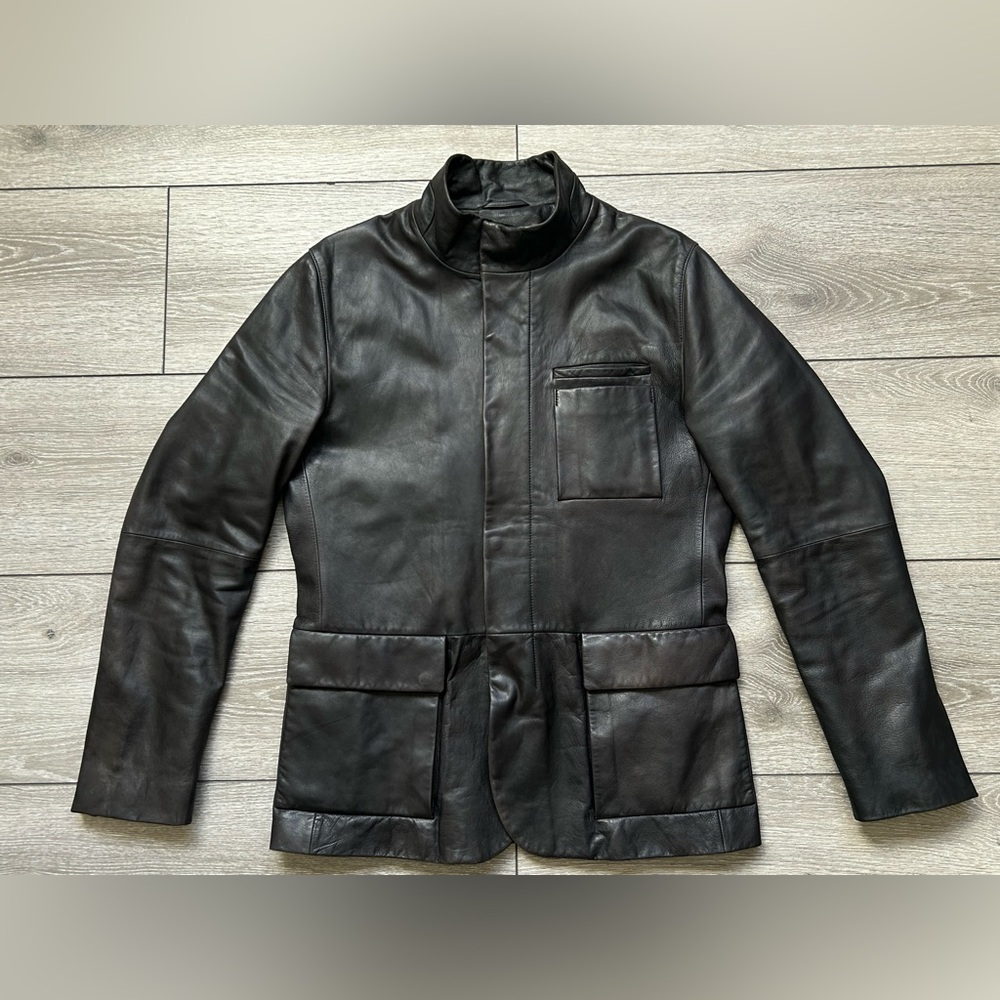 Hugo Boss Black Lambskin Leather Blazer Jacket Band Collar Medium 48 Vintage